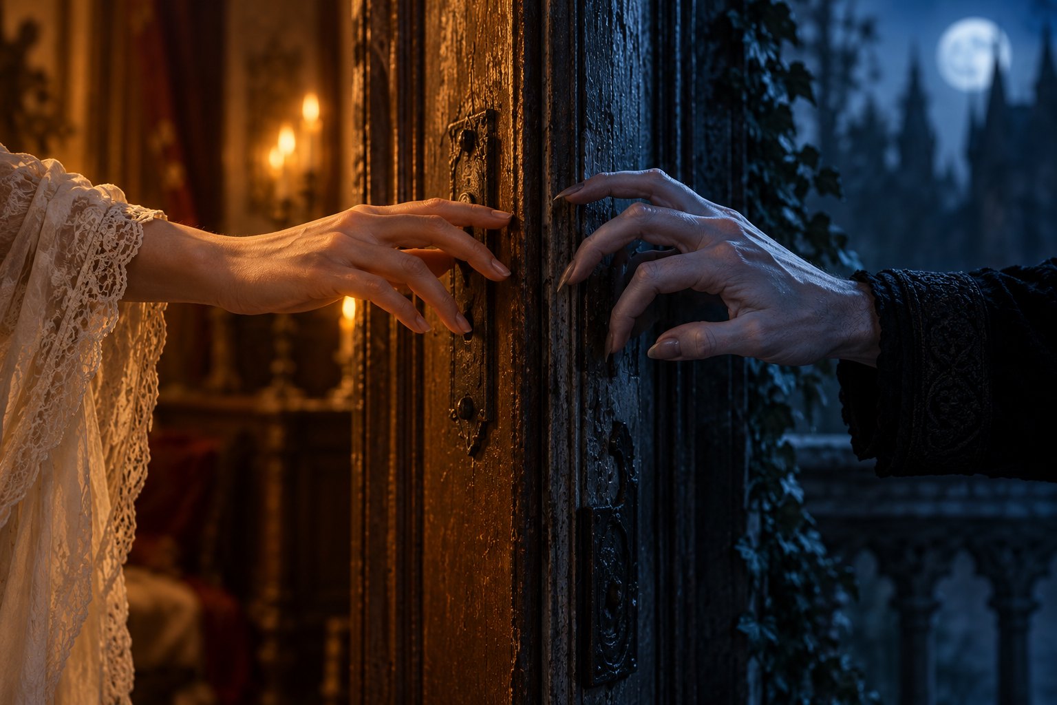 Conceptual illustration of two hands reaching toward a wooden doorway from contrasting amber light and blue darkness.