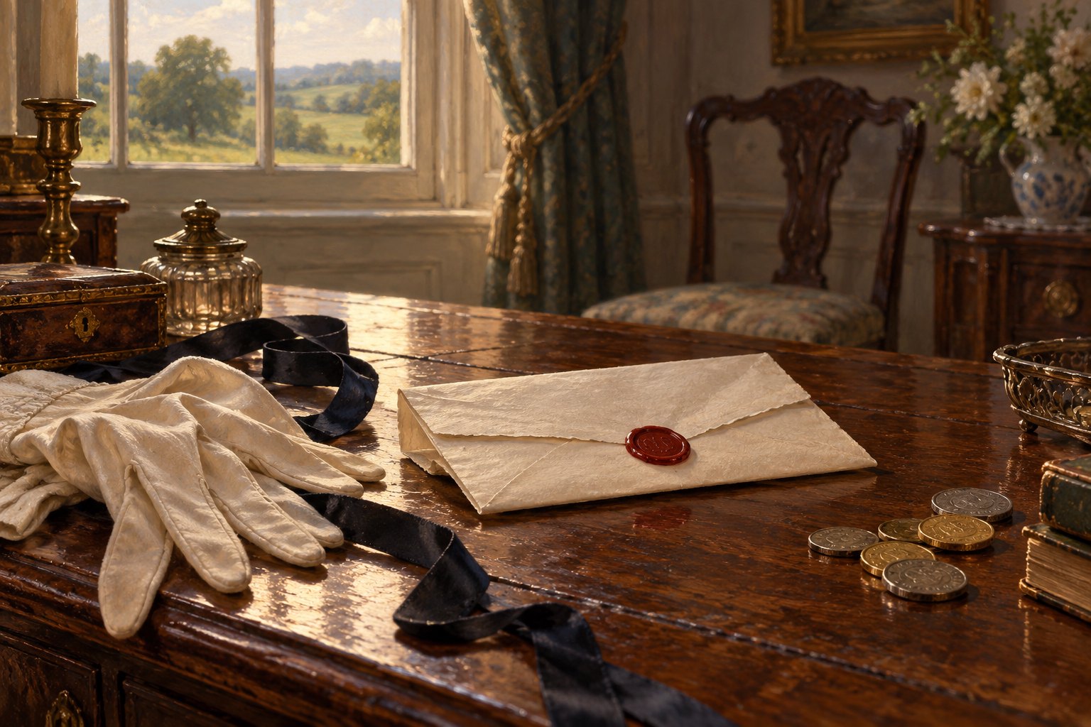 Original period still life of a wax-sealed letter, ivory gloves, dark ribbon, and coins on a wooden desk beside a sunlit window.