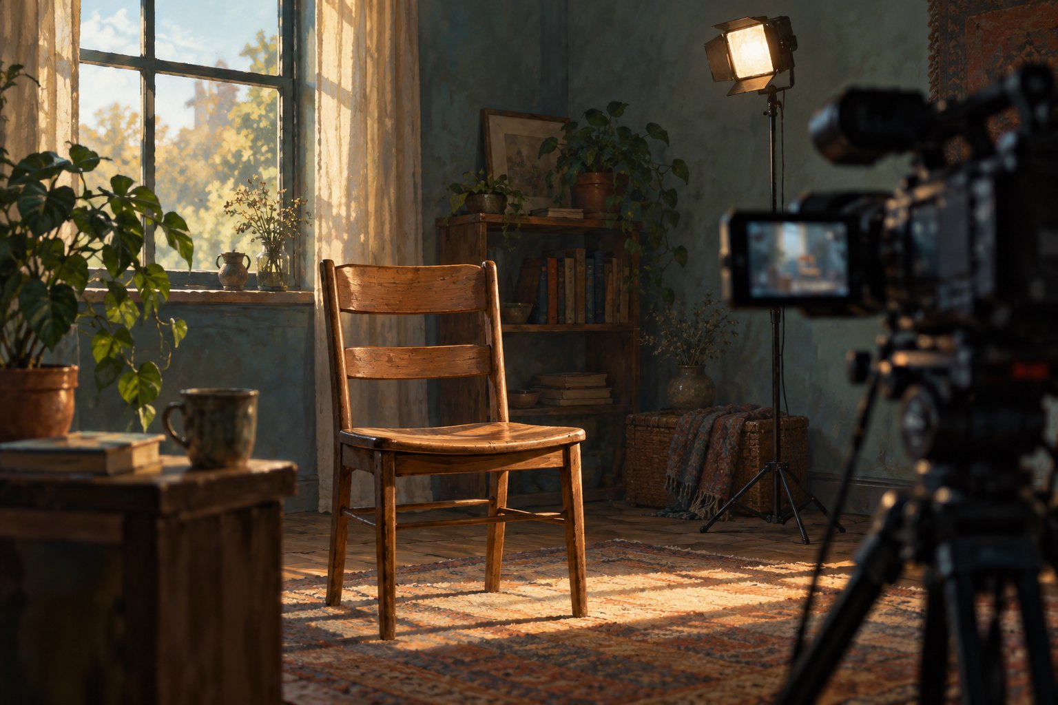 Conceptual illustration of an empty interview chair facing a documentary camera in a softly lit room.