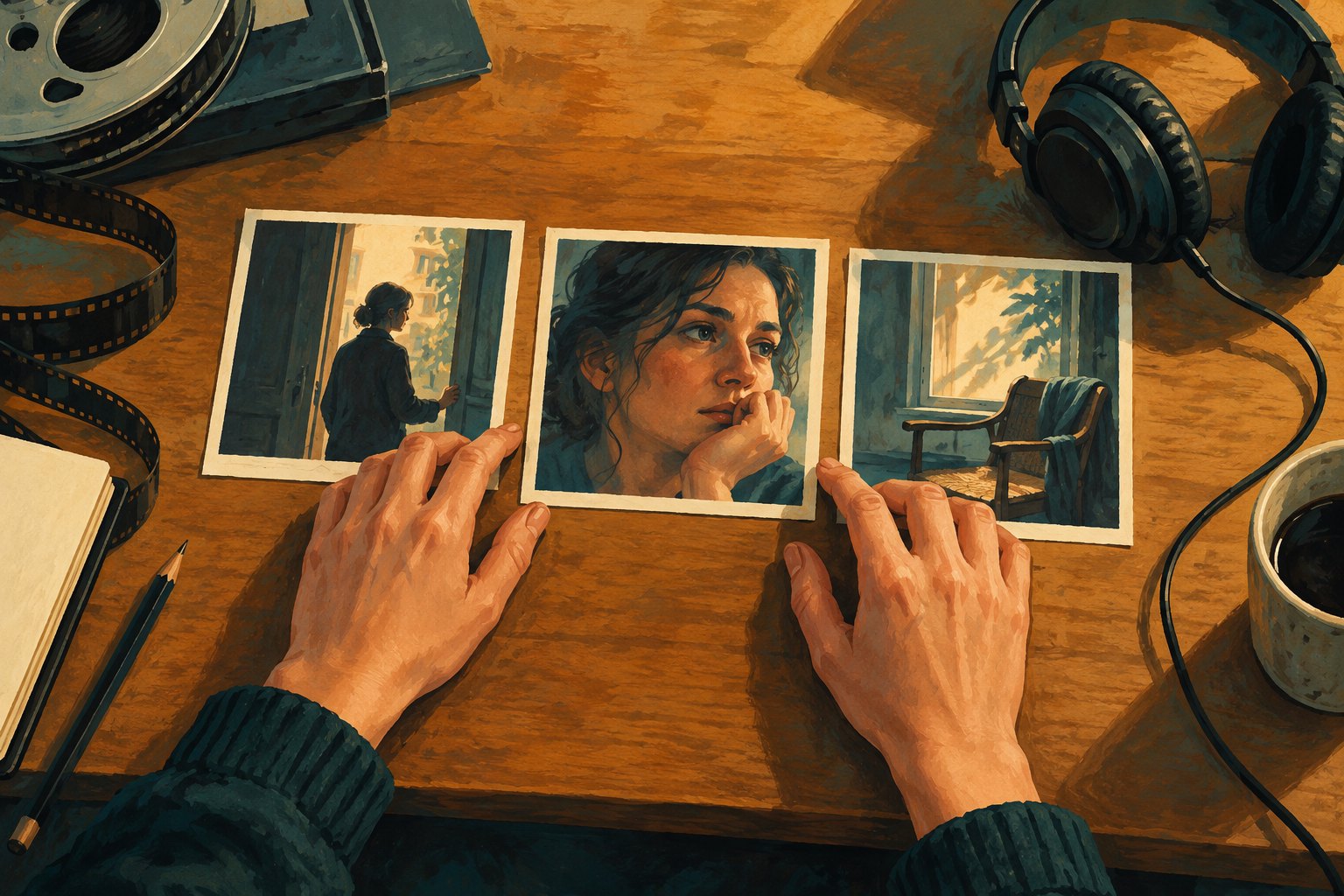 Conceptual illustration of hands arranging three story images beside headphones, showing a woman at a doorway, her thoughtful face, and an empty chair.