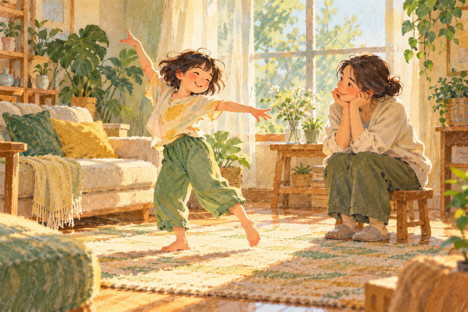 原创主题插画：孩子在阳光下的客厅舒展舞步，家长坐在矮凳上认真观看，非影片剧照