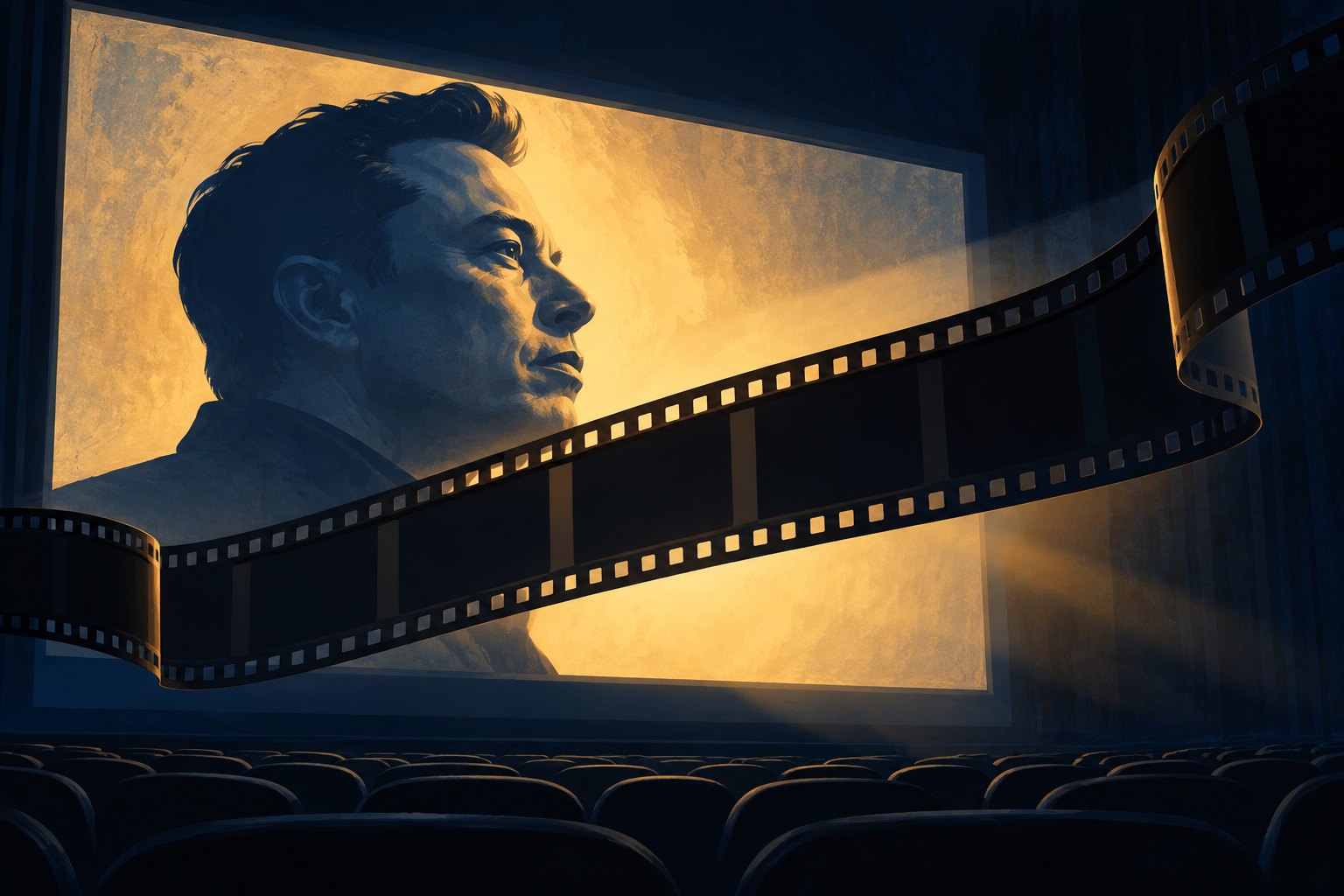 Conceptual illustration of Elon Musk on a cinema screen with a dark filmstrip crossing the projected image.