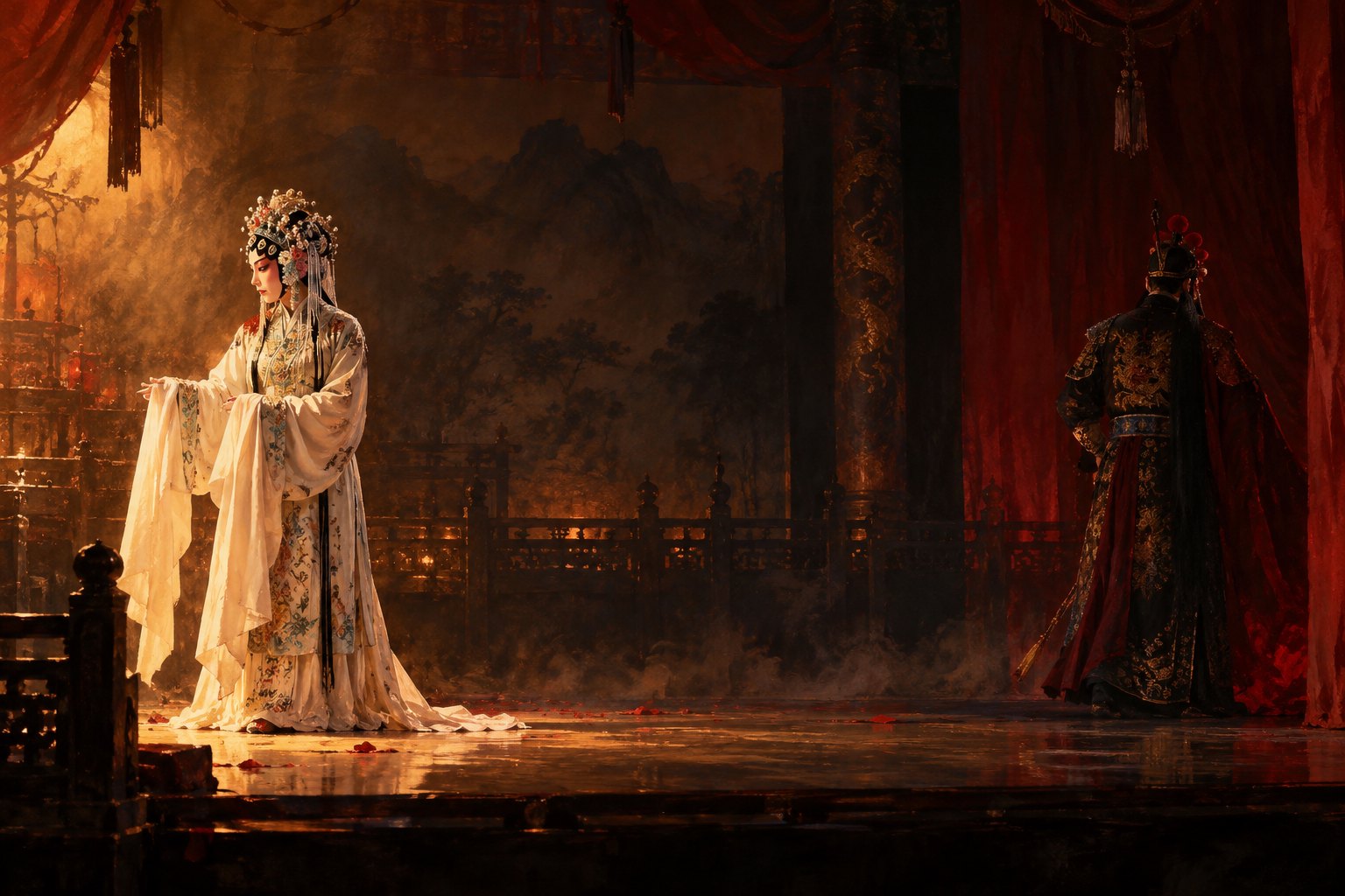 戏曲意象插画:虞姬扮相的演员立于暖光中,霸王扮相的演员隐入暗红戏幕