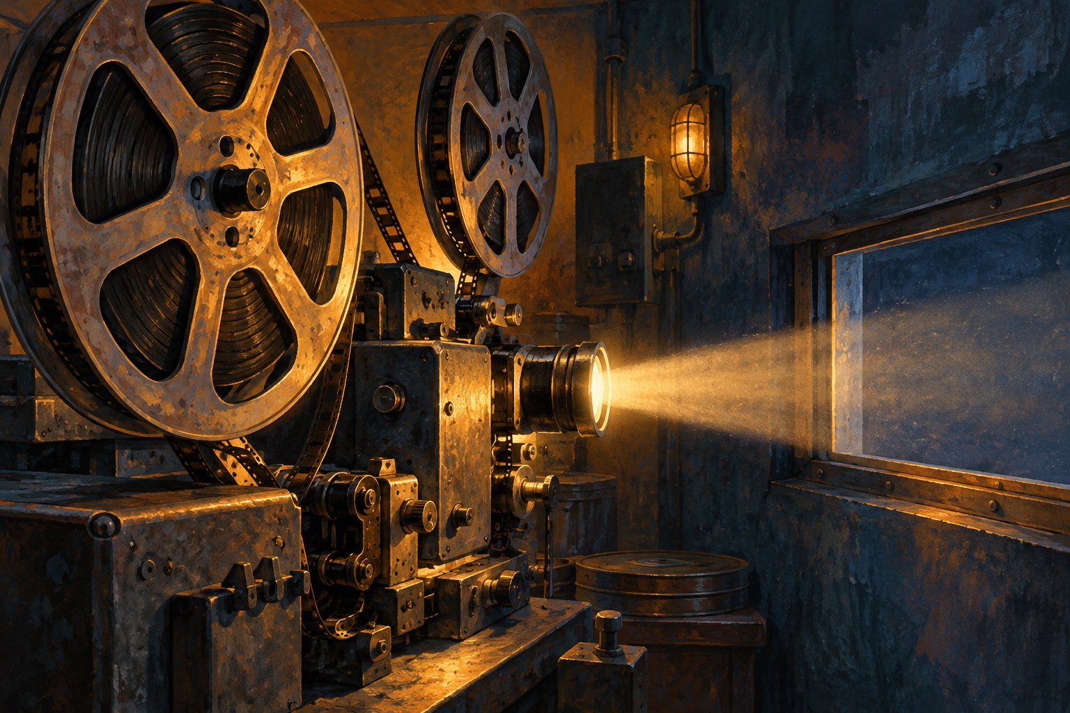 Conceptual illustration of a vintage film projector casting an amber beam through a booth window.
