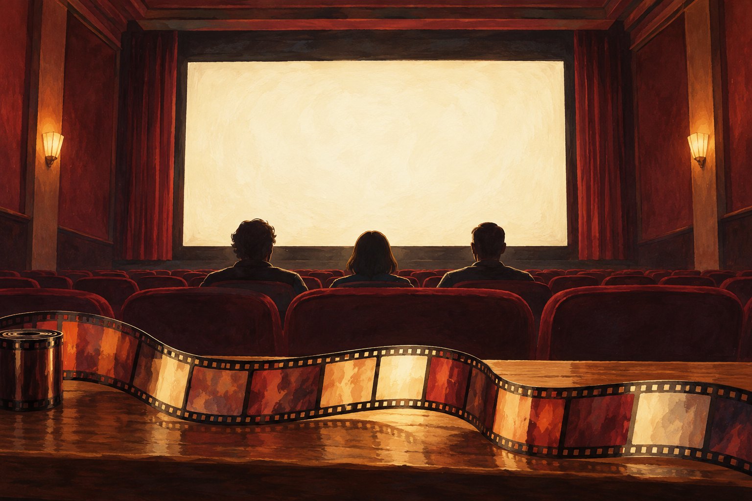 Editorial illustration of three viewers facing a blank cinema screen, with a strip of film across a wooden ledge in the foreground.