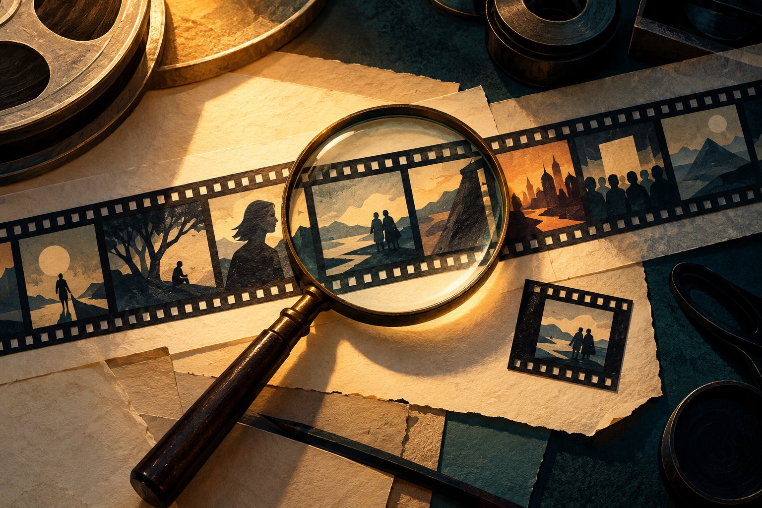 Conceptual illustration of a magnifying glass over a filmstrip with silhouetted figures and a separate cropped frame on an editing table.