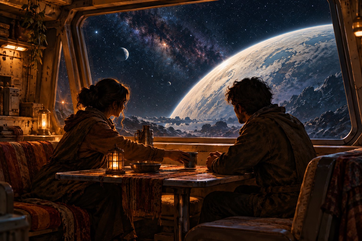 Conceptual illustration of two travelers sharing a quiet moment over a cup inside a spacecraft overlooking a planet.