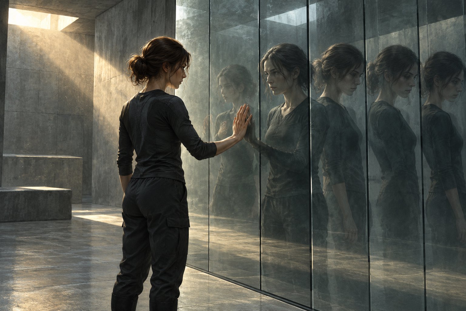Conceptual illustration of a woman facing multiple reflections in a glass partition inside a concrete room.