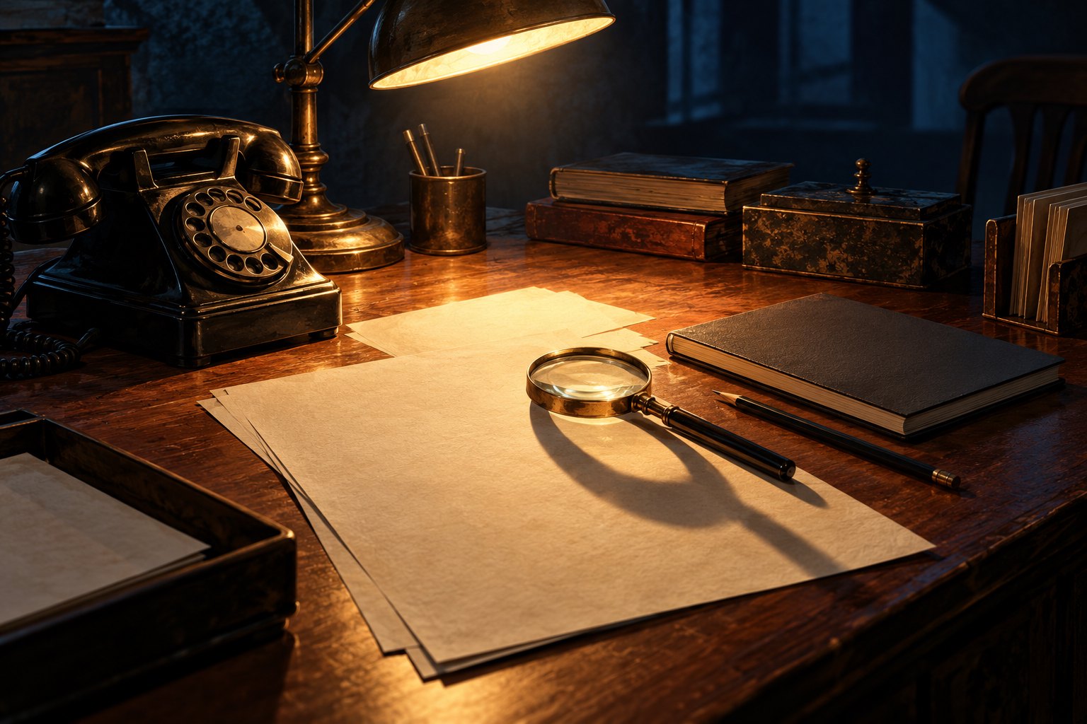 Conceptual illustration of blank papers, a rotary telephone, and a magnifying glass beneath a warm desk lamp.