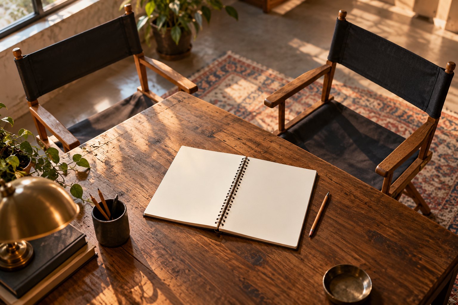 Conceptual illustration of two empty chairs beside a rehearsal table holding a blank notebook and pencil.