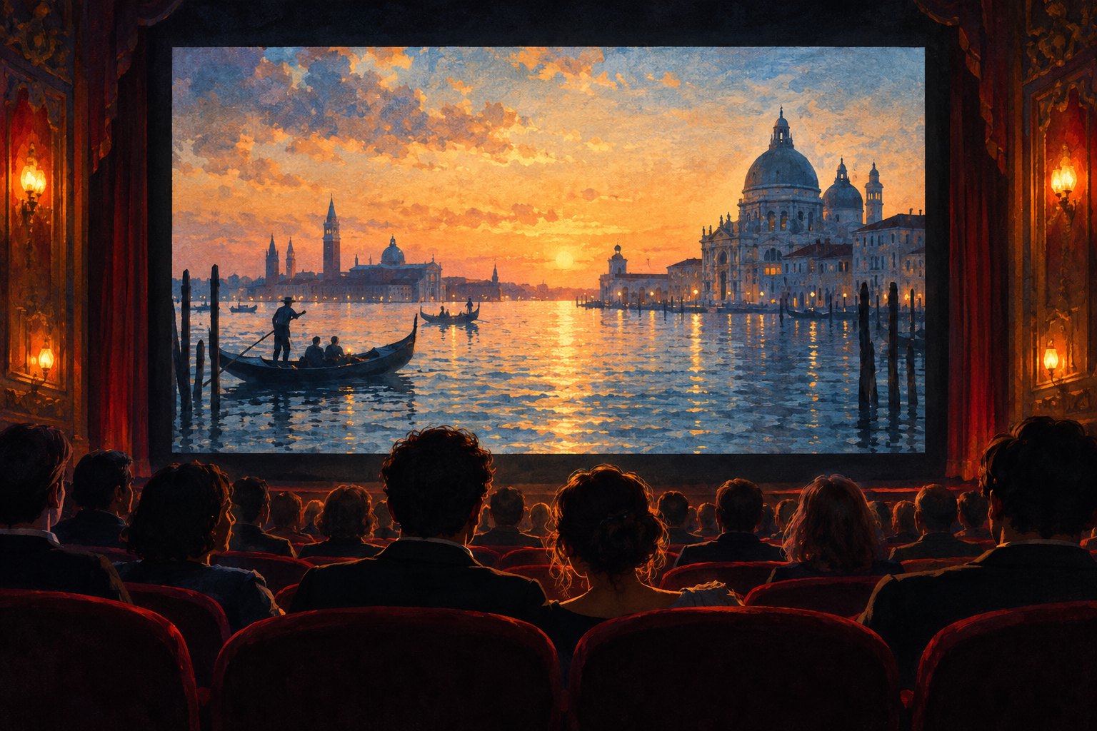 Illustration of a seated cinema audience watching a glowing Venetian waterfront scene.