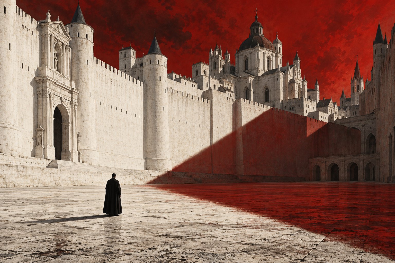 Symbolic illustration of a solitary black-robed priest beneath towering white city walls and a crimson sky.