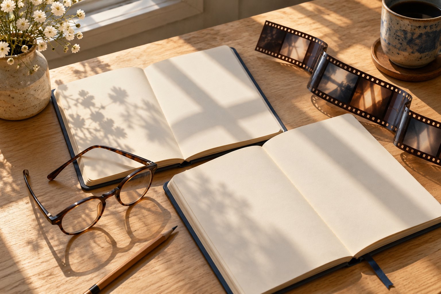 Open blank notebooks, reading glasses, a pencil, and a strip of film sit on a sunlit wooden table.