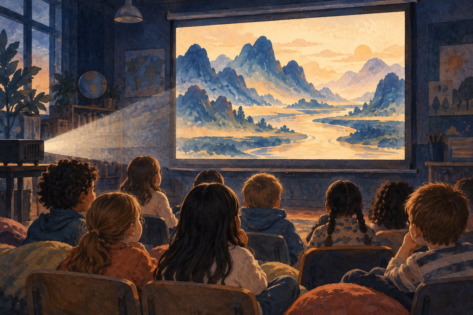 儿童在教室放映空间观看山水画面银幕的原创插画,非活动现场还原