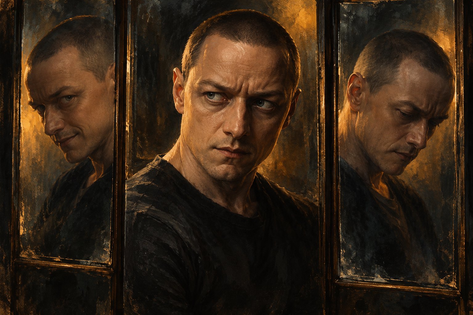 Original editorial illustration of James McAvoy reflected in three dark mirrors with contrasting expressions and warm amber lighting.
