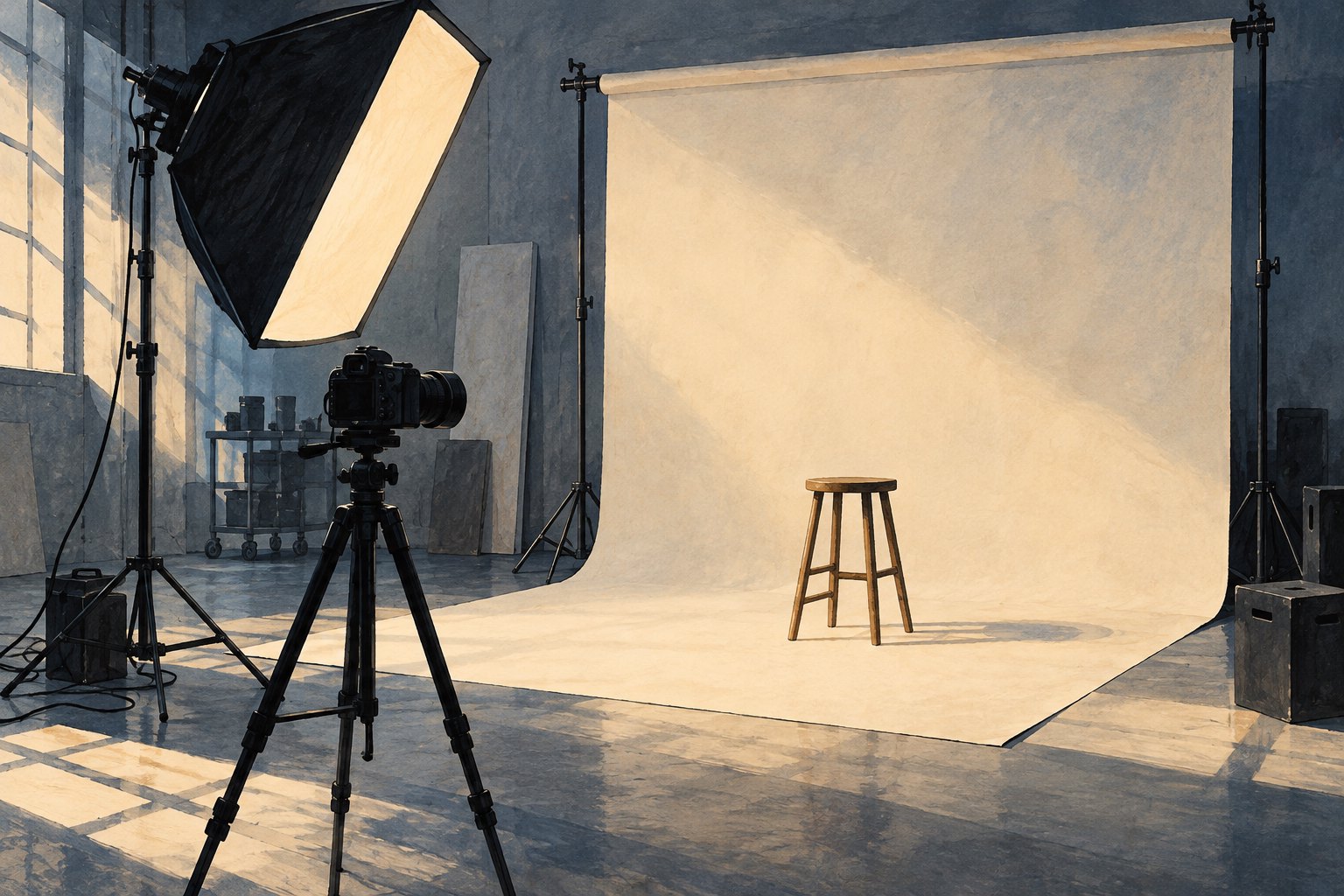 An editorial illustration of an empty photography studio with a wooden stool, camera, and large softbox.