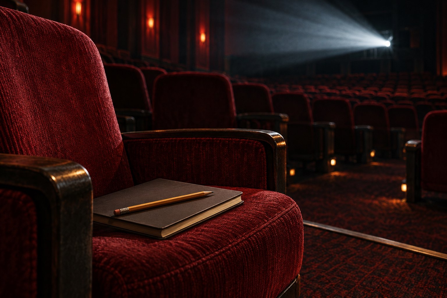 An unmarked notebook and pencil rest on a red theater seat beneath a distant projector beam.