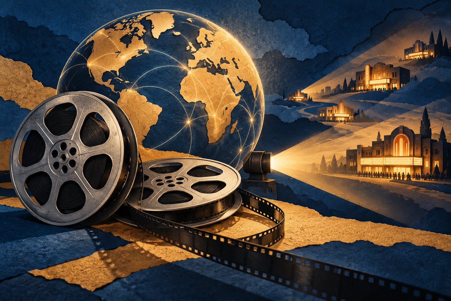 Paper collage illustration of two film reels beside a glowing globe and a projector beam reaching distant cinemas.