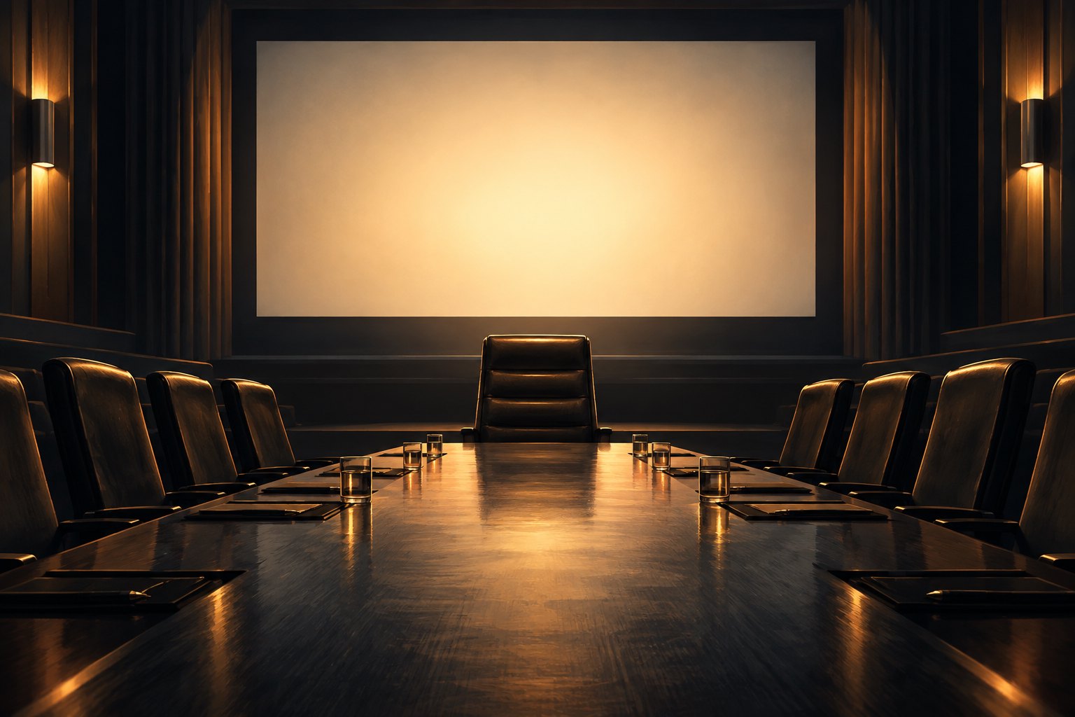 Conceptual illustration of an empty executive chair at a conference table facing a glowing cinema screen.