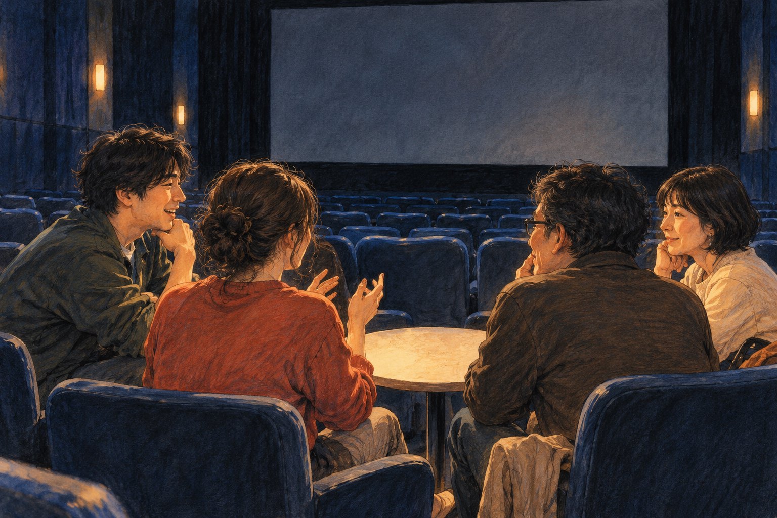 四位不同年龄的观众在影院围桌交谈,呈现映后交流的概念插画,并非活动现场