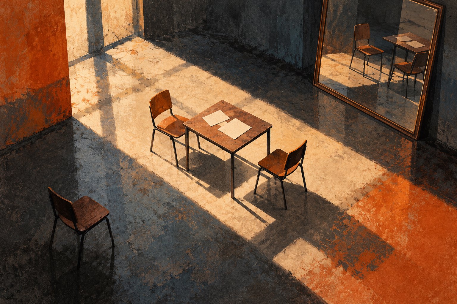 Conceptual illustration of empty rehearsal chairs around a table reflected in a large studio mirror.