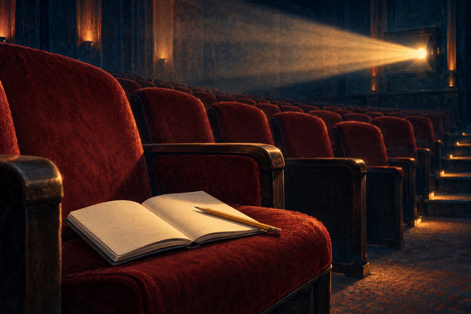 An illustrated blank notebook and pencil rest on a burgundy cinema seat beneath a warm projector beam.