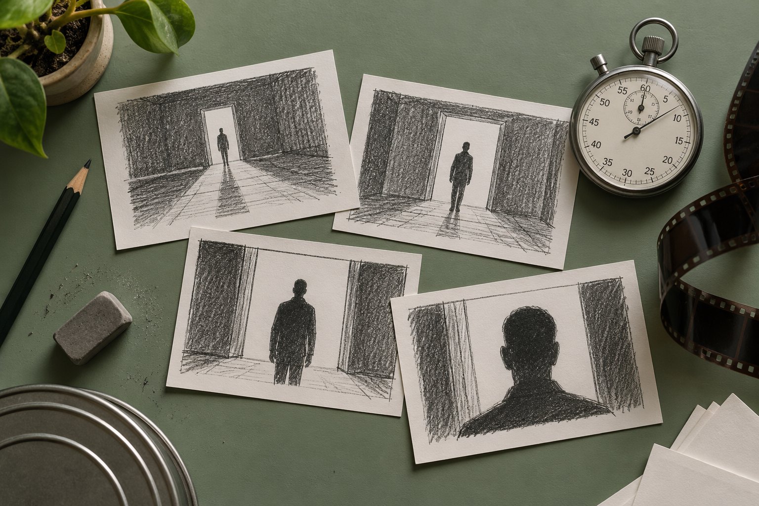 Storyboard sketches arranged beside a stopwatch and film strip on a green desk.