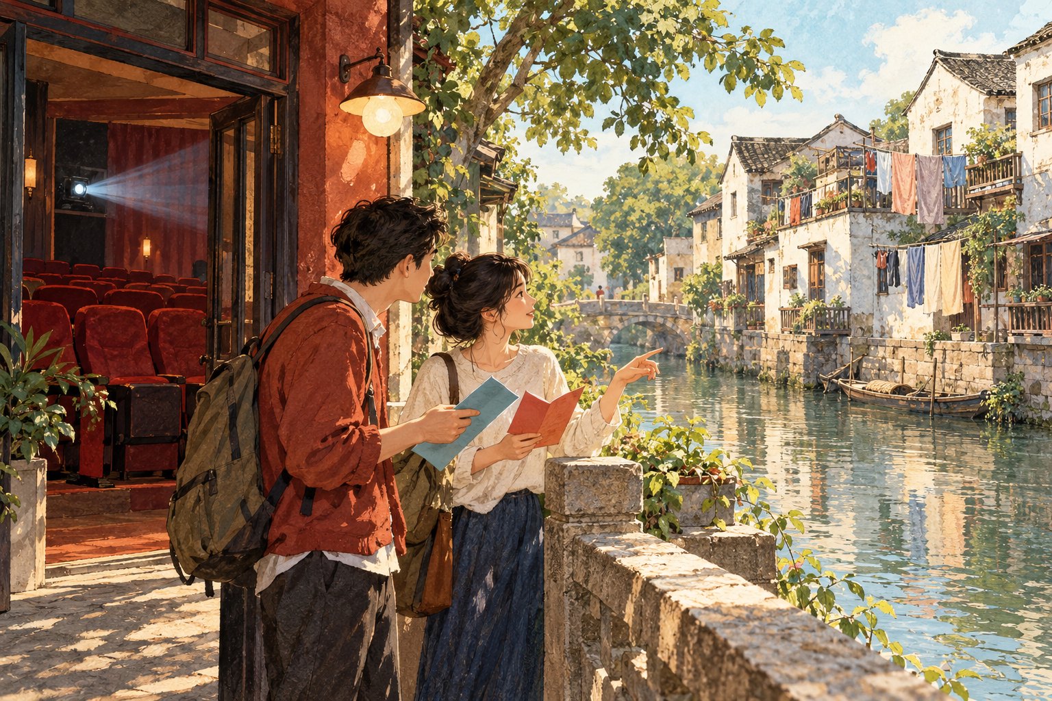 概念插画：两位年轻观众在临河影院外交流，观察对岸民居与日常生活