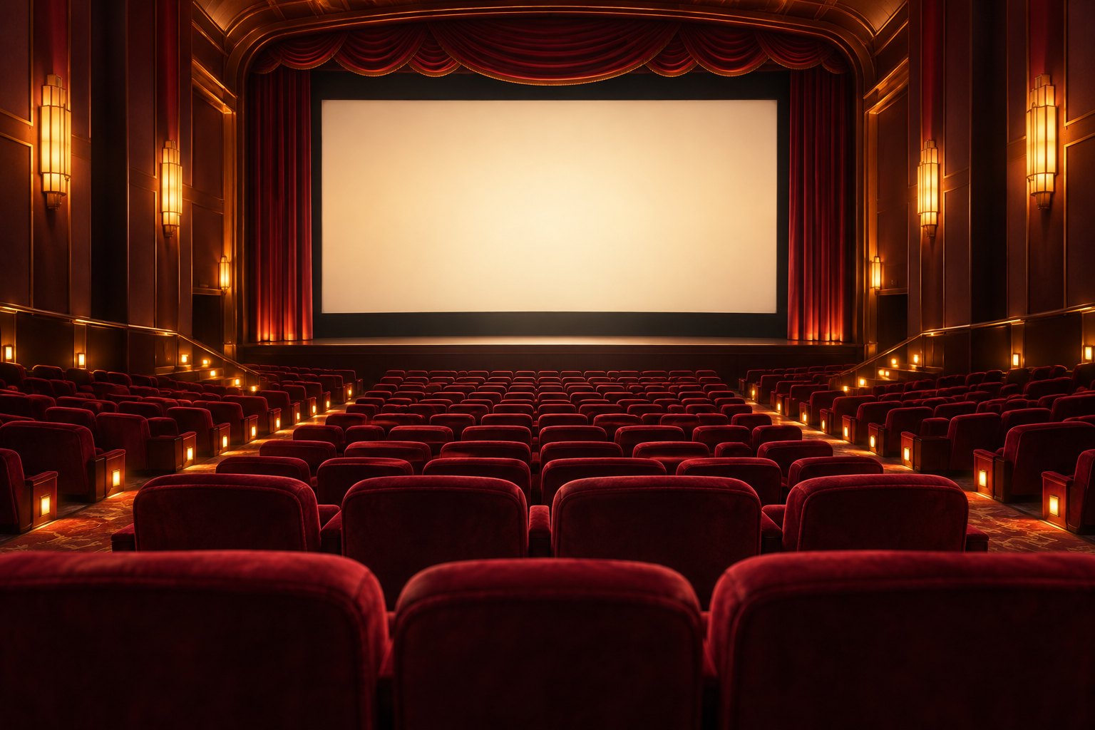 Conceptual illustration of an empty movie auditorium with burgundy seats, warm aisle lights, and a glowing blank screen.