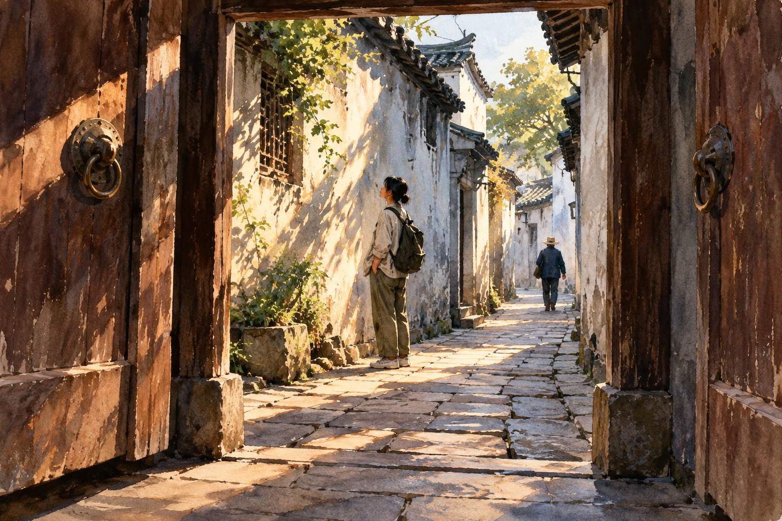 江南老巷意象插画:木门框住石板路,旅行者停步观察墙面光影与远处行人