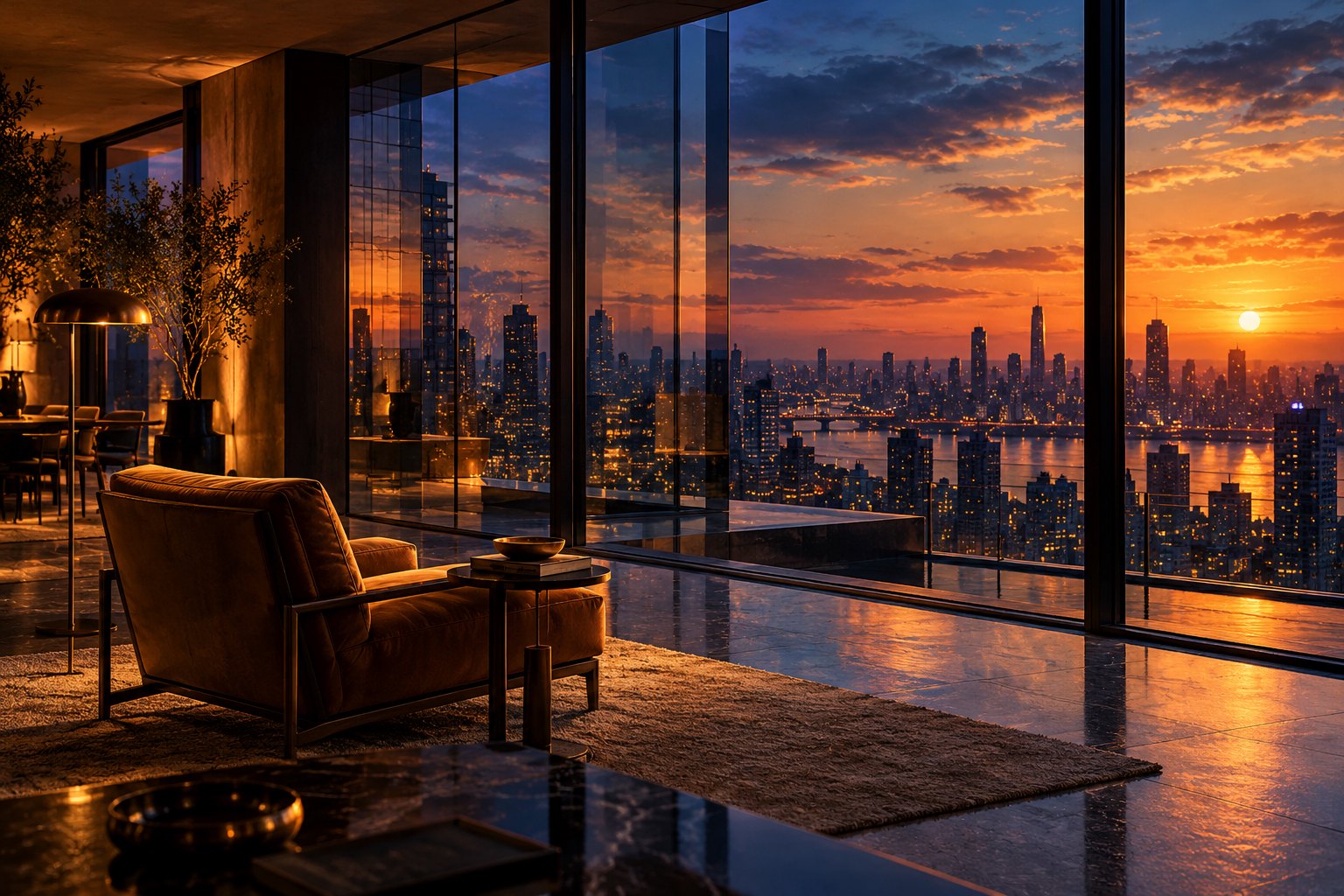 Conceptual illustration of an empty penthouse overlooking a city at dusk, with an armchair and layered window reflections.