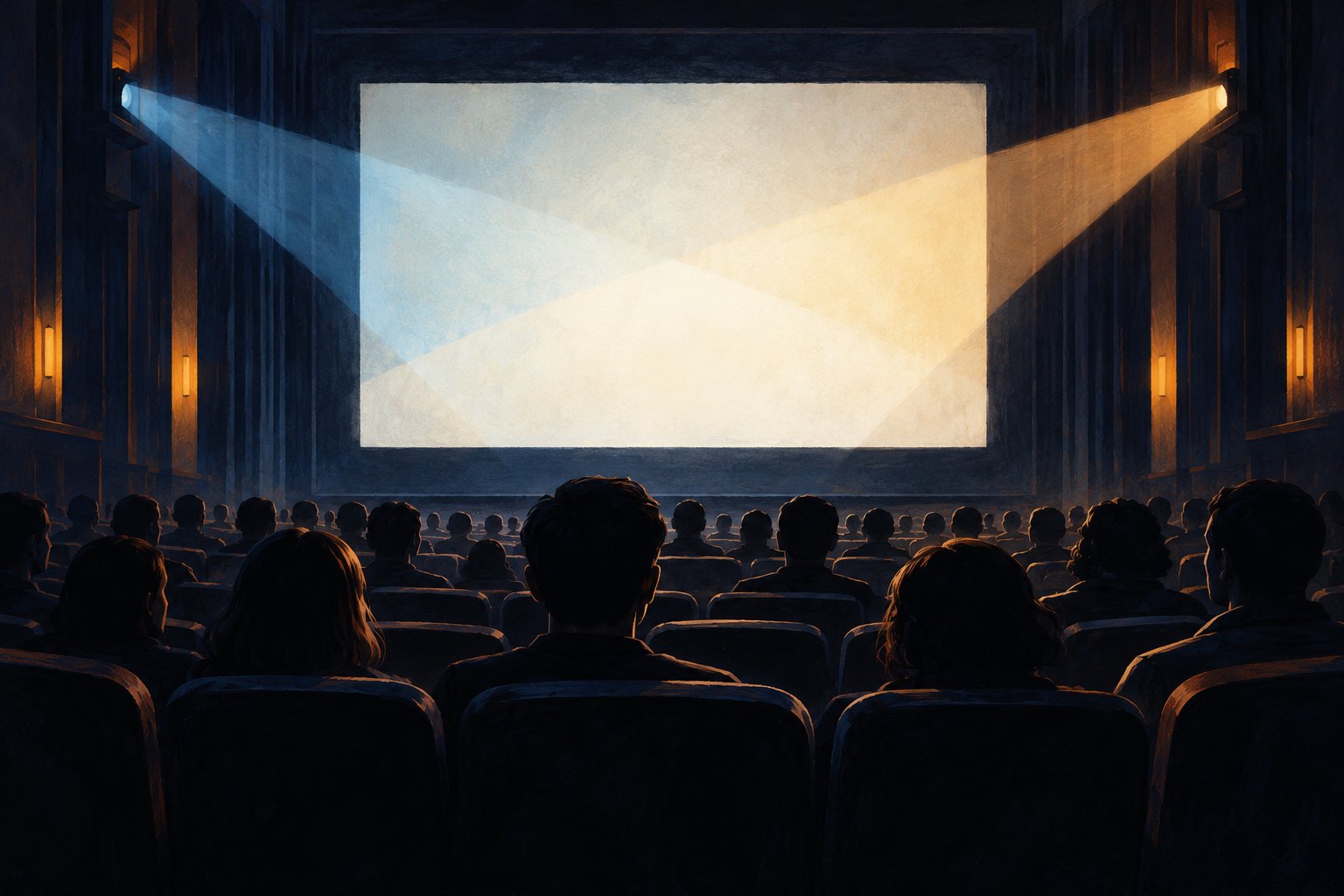 Conceptual illustration of a cinema audience facing a blank screen crossed by blue and amber projector beams.