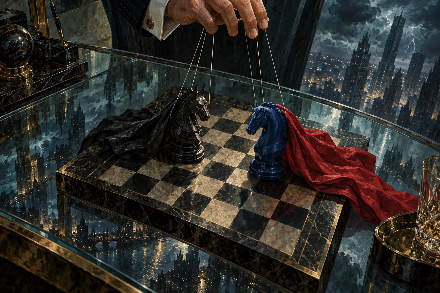 Conceptual illustration of a hand manipulating black and blue chess knights with puppet strings above a stormy city.