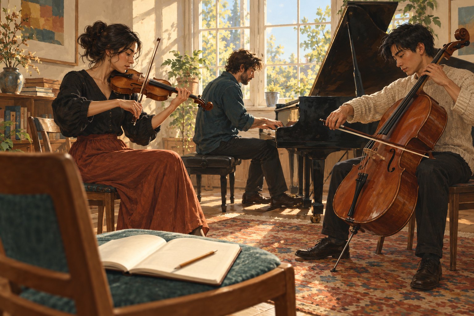 Illustration of a violinist, pianist, and cellist playing in a sunlit room beside an open notebook.