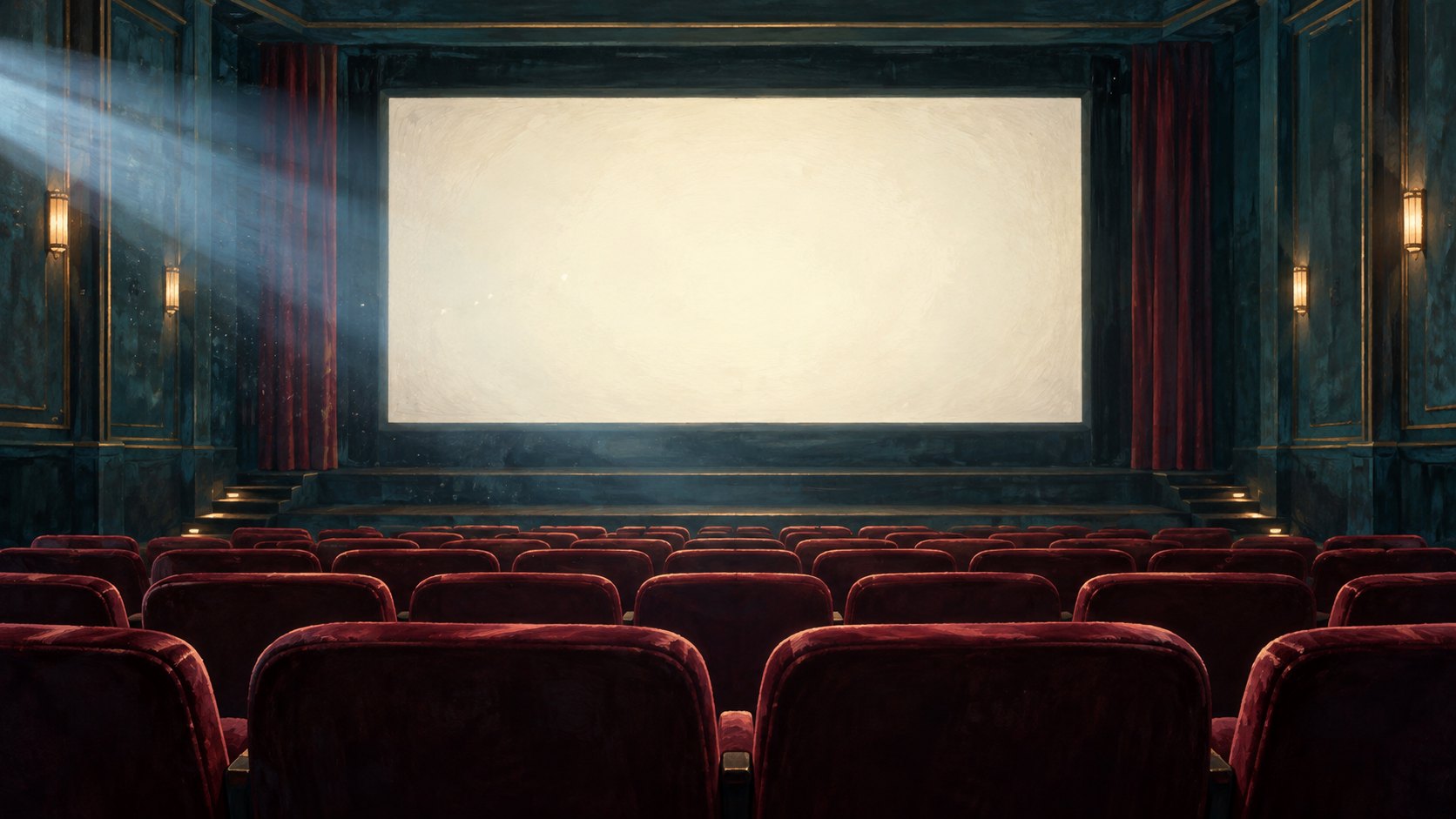 空電影院的酒紅色座椅面向尚未放映內容的銀幕,呈現等待作品資訊的概念插畫