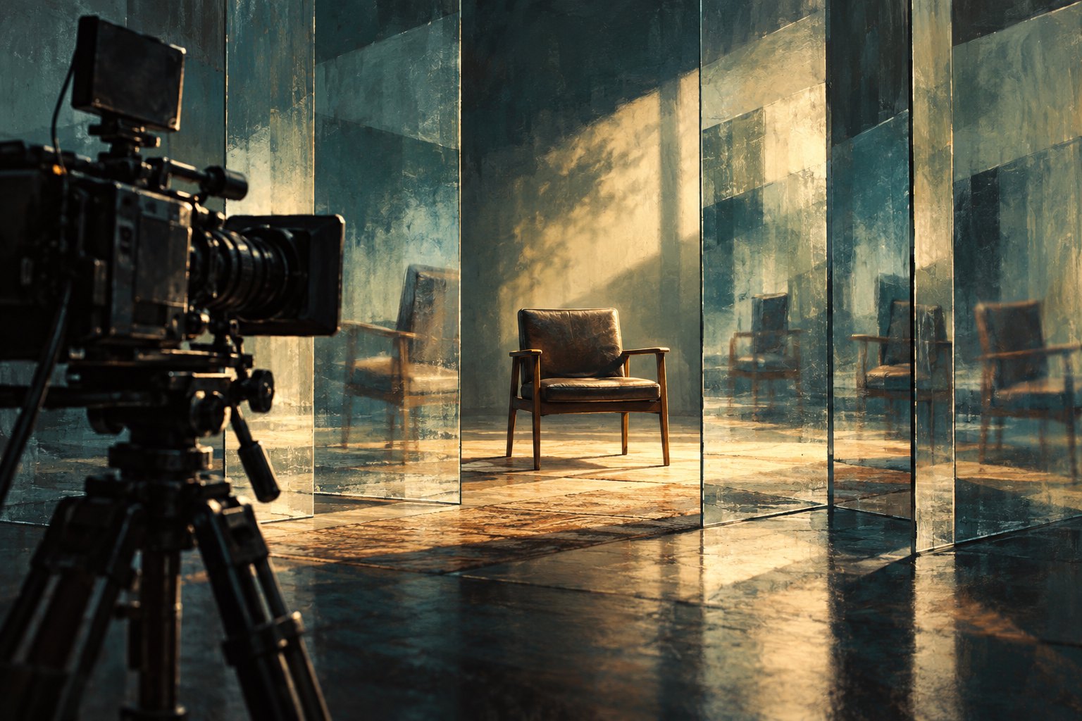 Conceptual illustration of a cinema camera facing an empty interview chair reflected in glass panels.