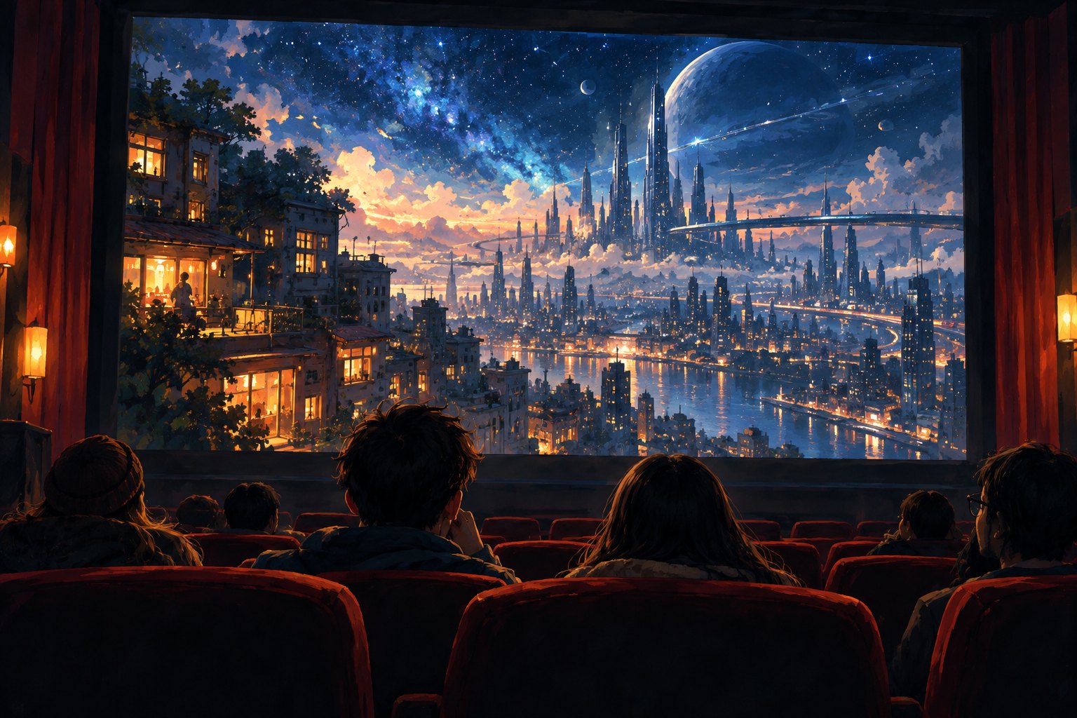 科幻概念插画:观众坐在影院中,观看融合未来城市与星空的银幕画面