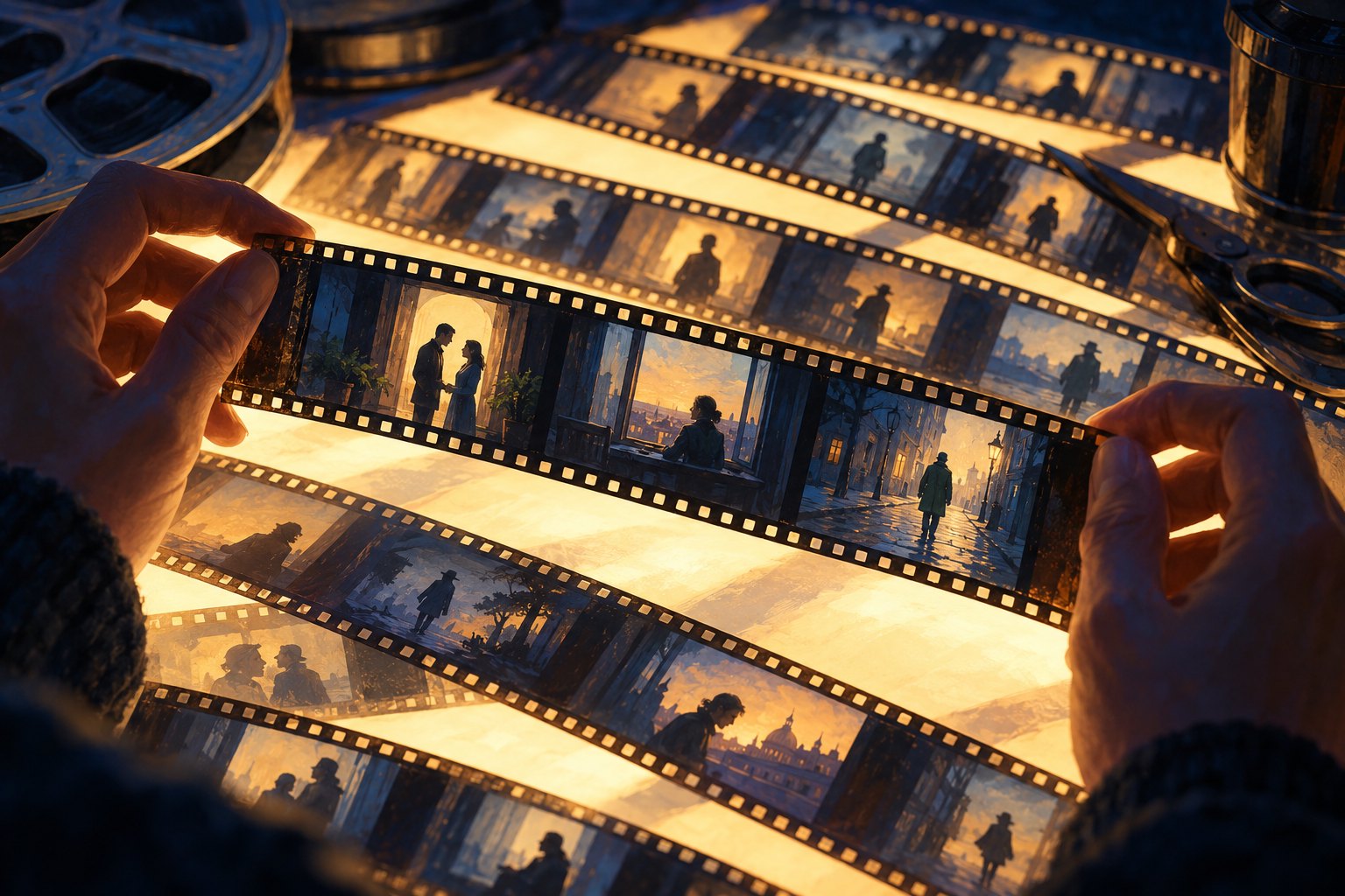 Conceptual illustration of hands examining film strips with fictional character scenes over an illuminated editing table.