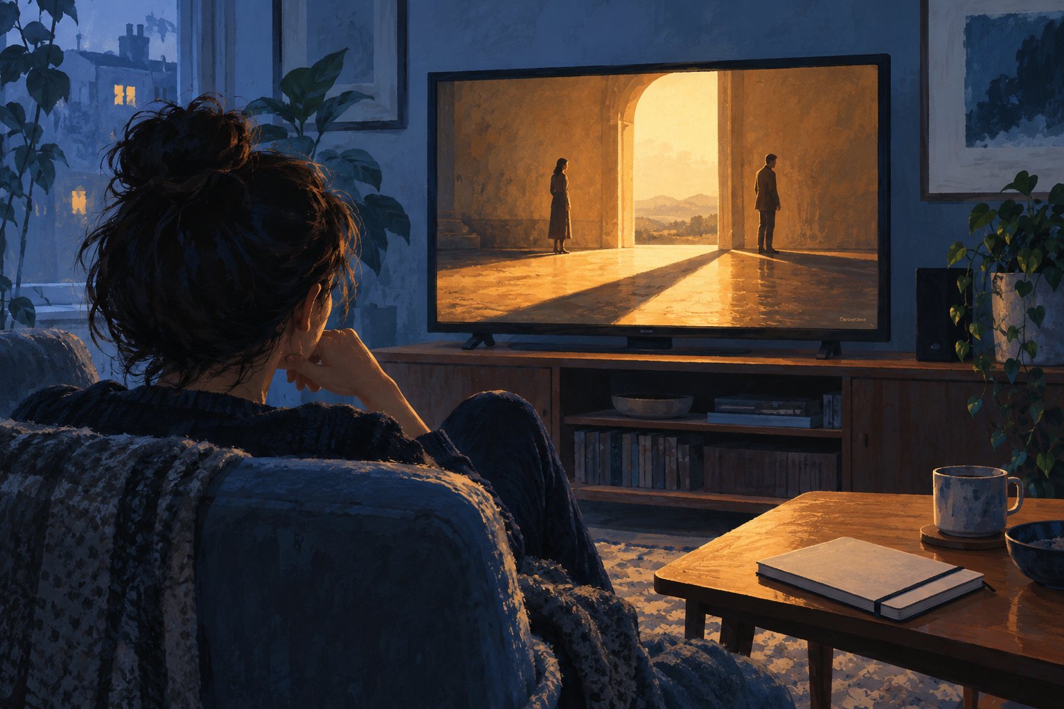 An illustrated viewer watches two fictional figures beside a sunlit doorway on a television screen.