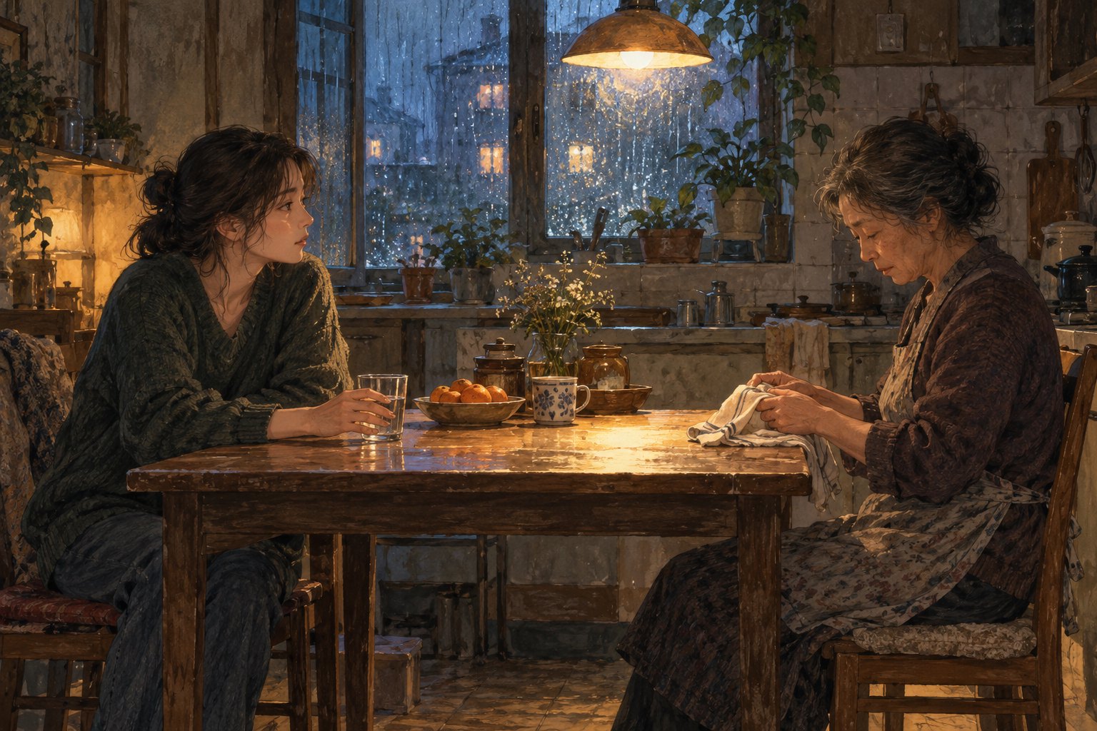 人物关系示意插画:雨天厨房里,两位女性隔桌而坐,以目光和手势传递情绪