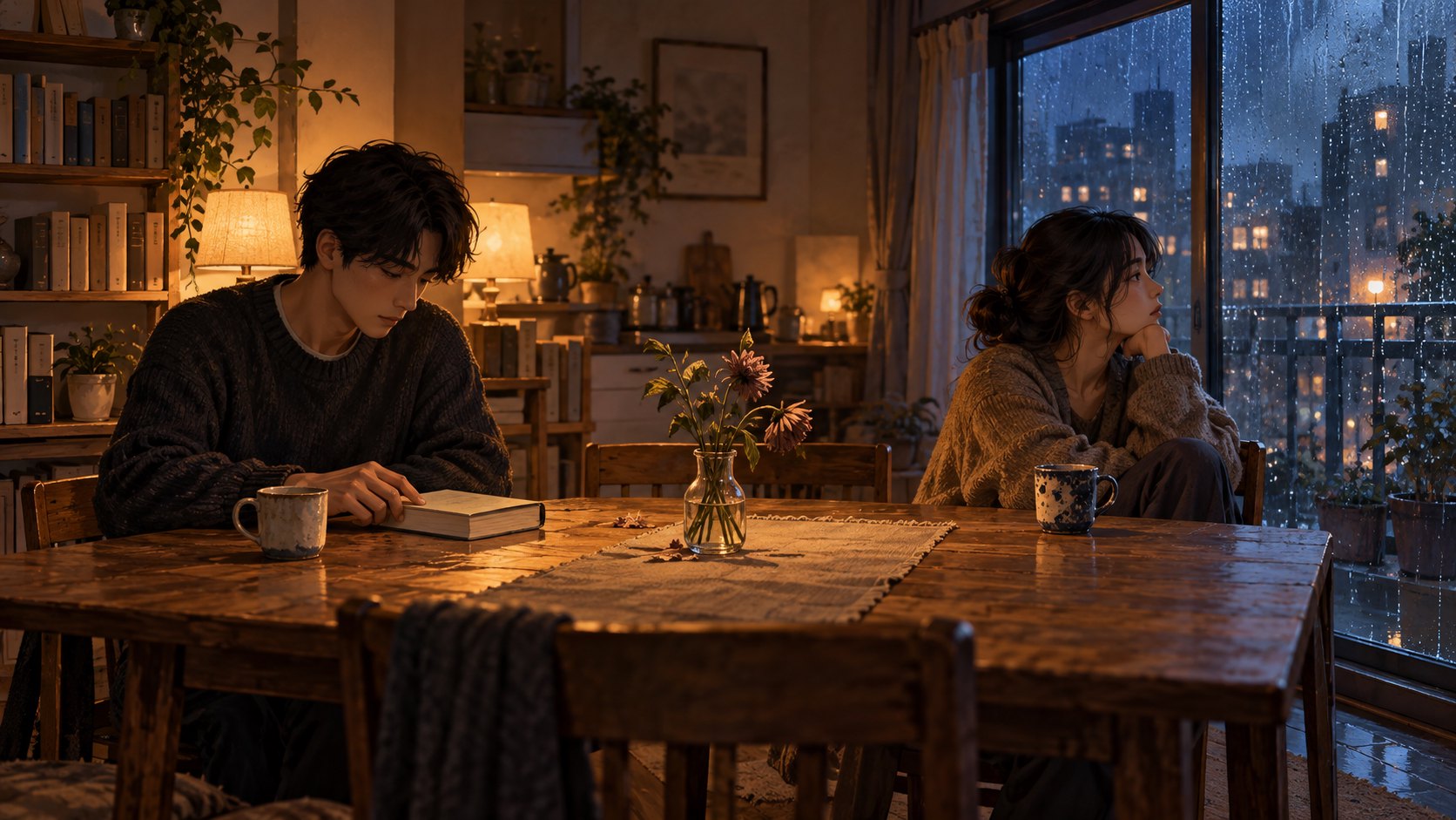 原創情境插畫:雨夜公寓裡,兩名年輕人隔著餐桌沉默,桌上擺著書本、杯子與花瓶