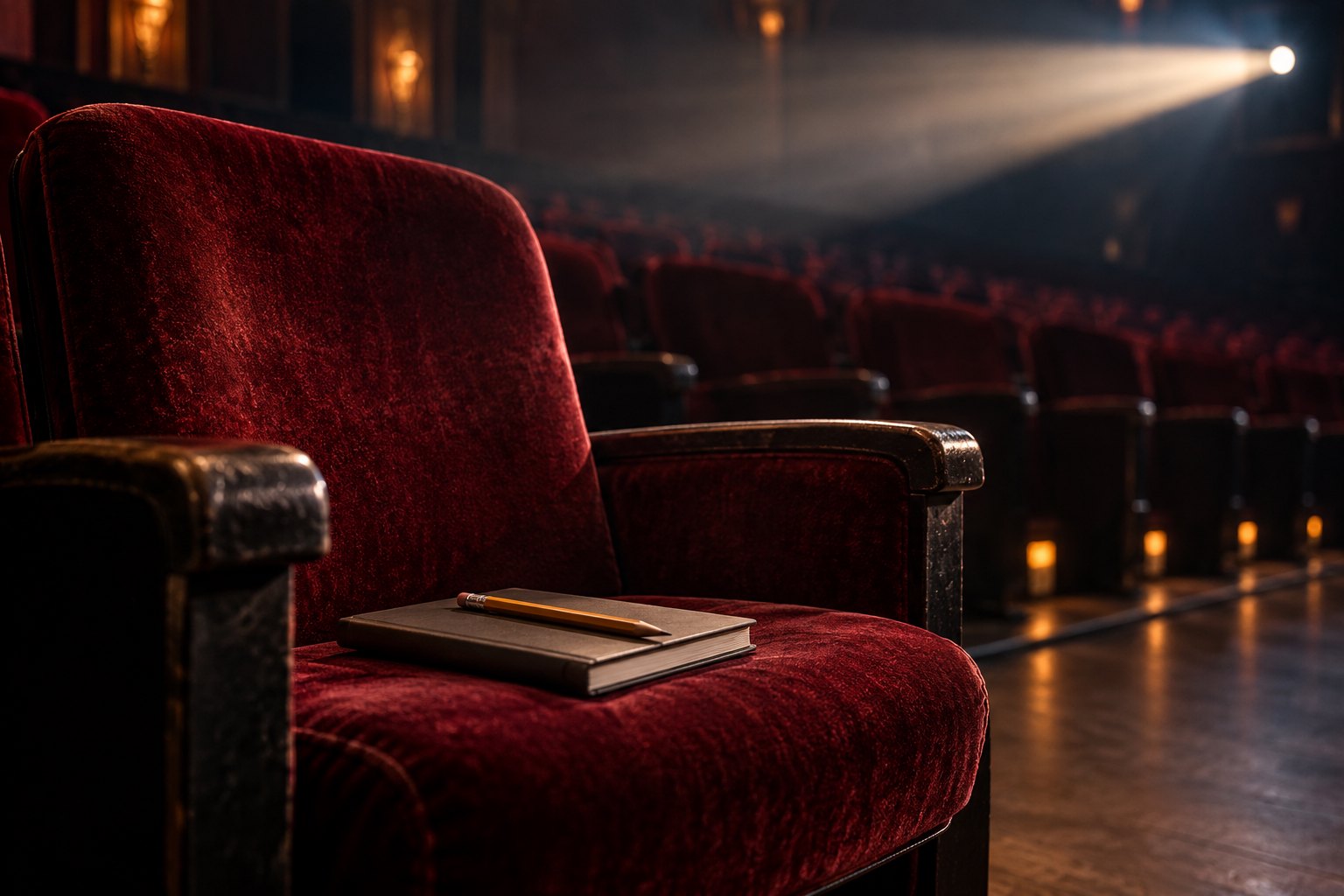 A notebook and pencil rest on an empty burgundy cinema seat beneath a glowing projector beam.