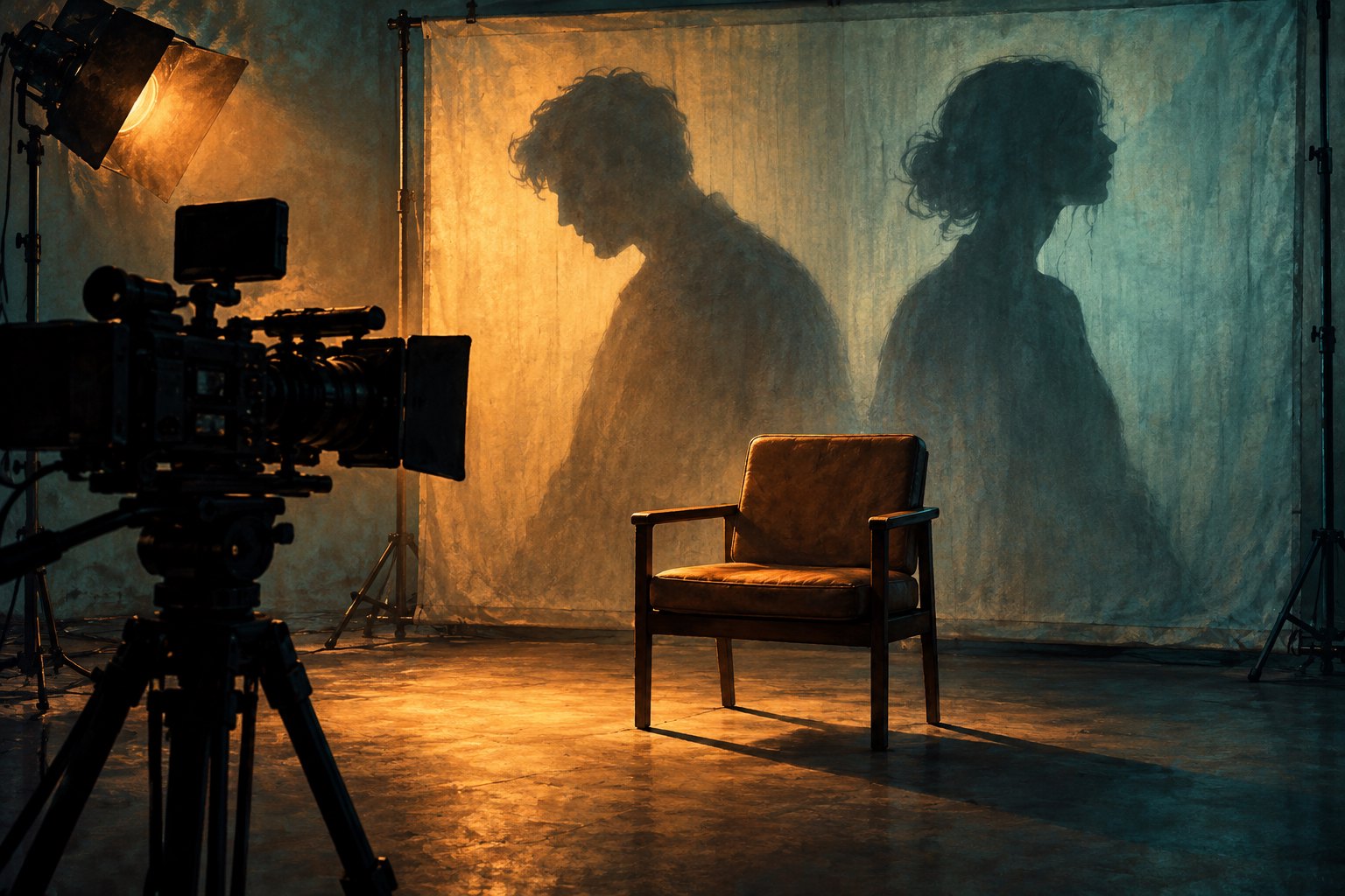 Conceptual illustration of a film camera facing an empty interview chair with divided human shadows.