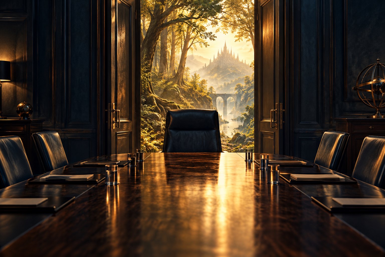 Symbolic illustration of an empty executive chair facing a conference table beneath a doorway opening onto a luminous fantasy forest.