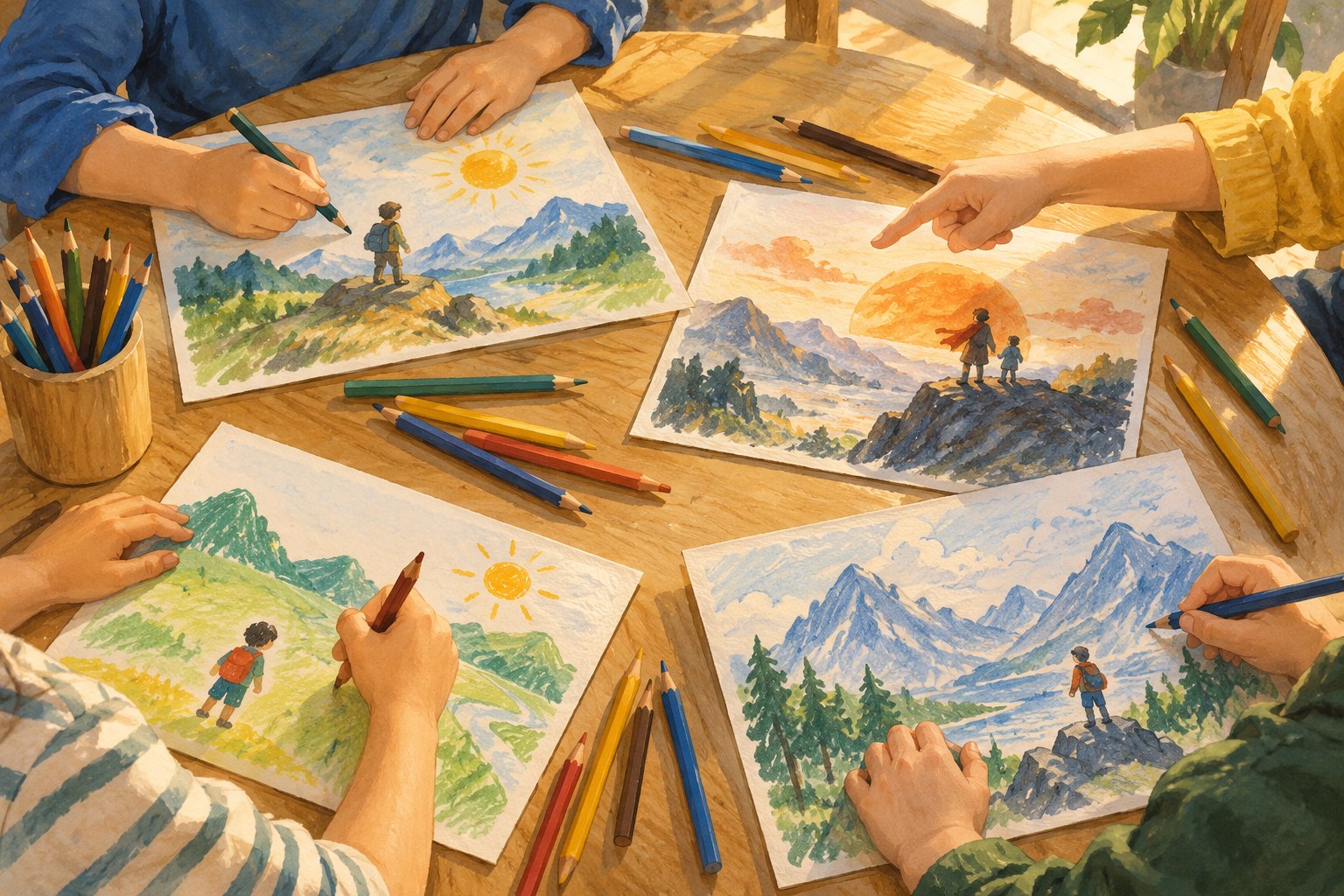 儿童围坐桌边用彩笔绘画并交流观影感受的原创示意插画