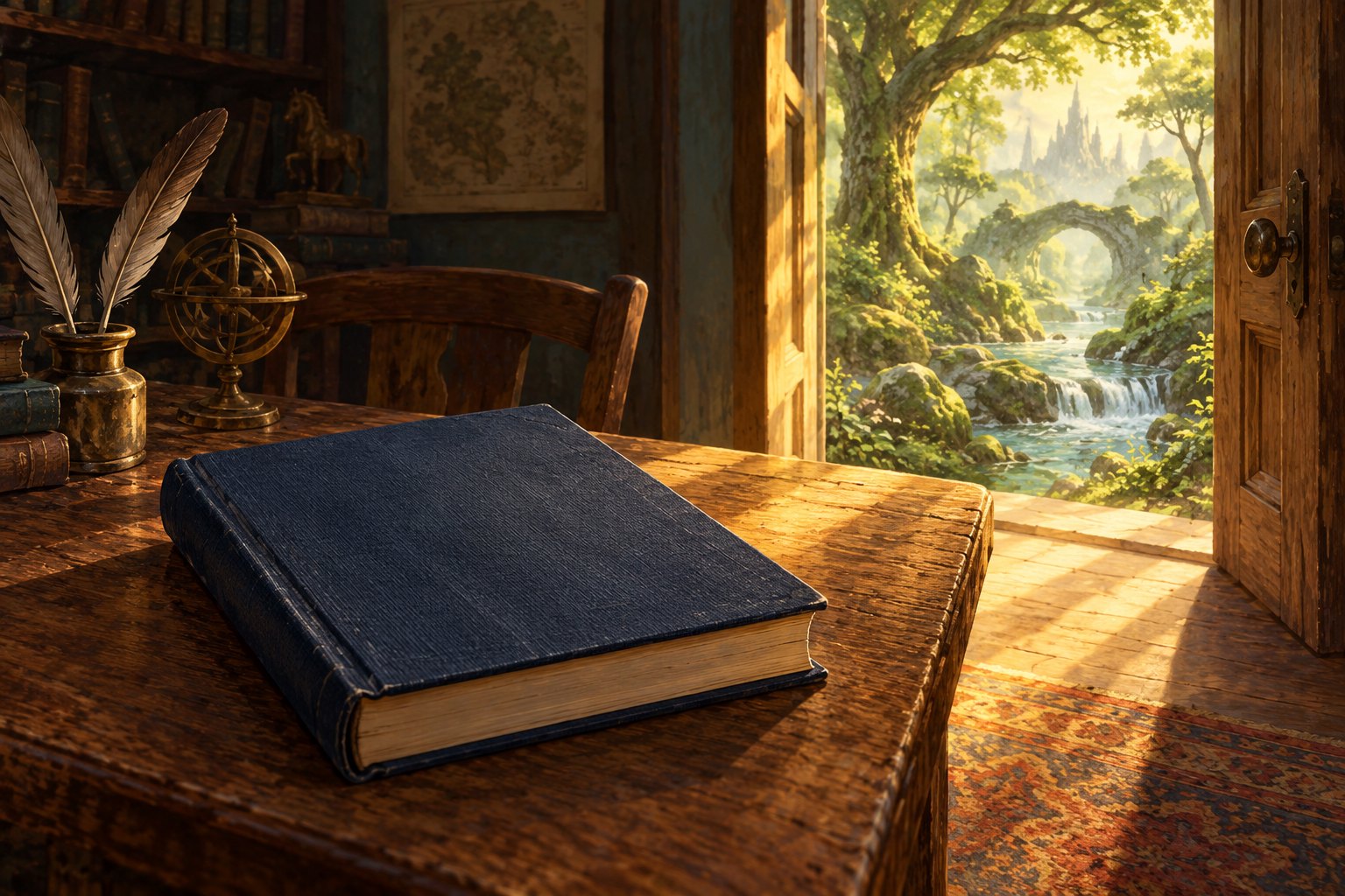 An unmarked navy book rests on a wooden table beside a doorway opening onto a sunlit fantasy forest.
