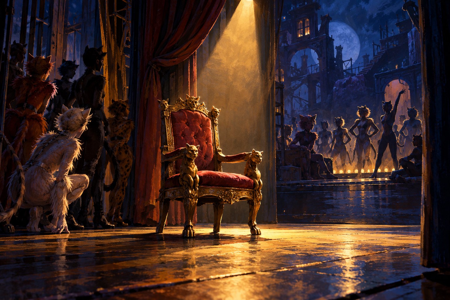 Painterly illustration of an empty ornate chair under a theater spotlight as feline performers wait in the wings.