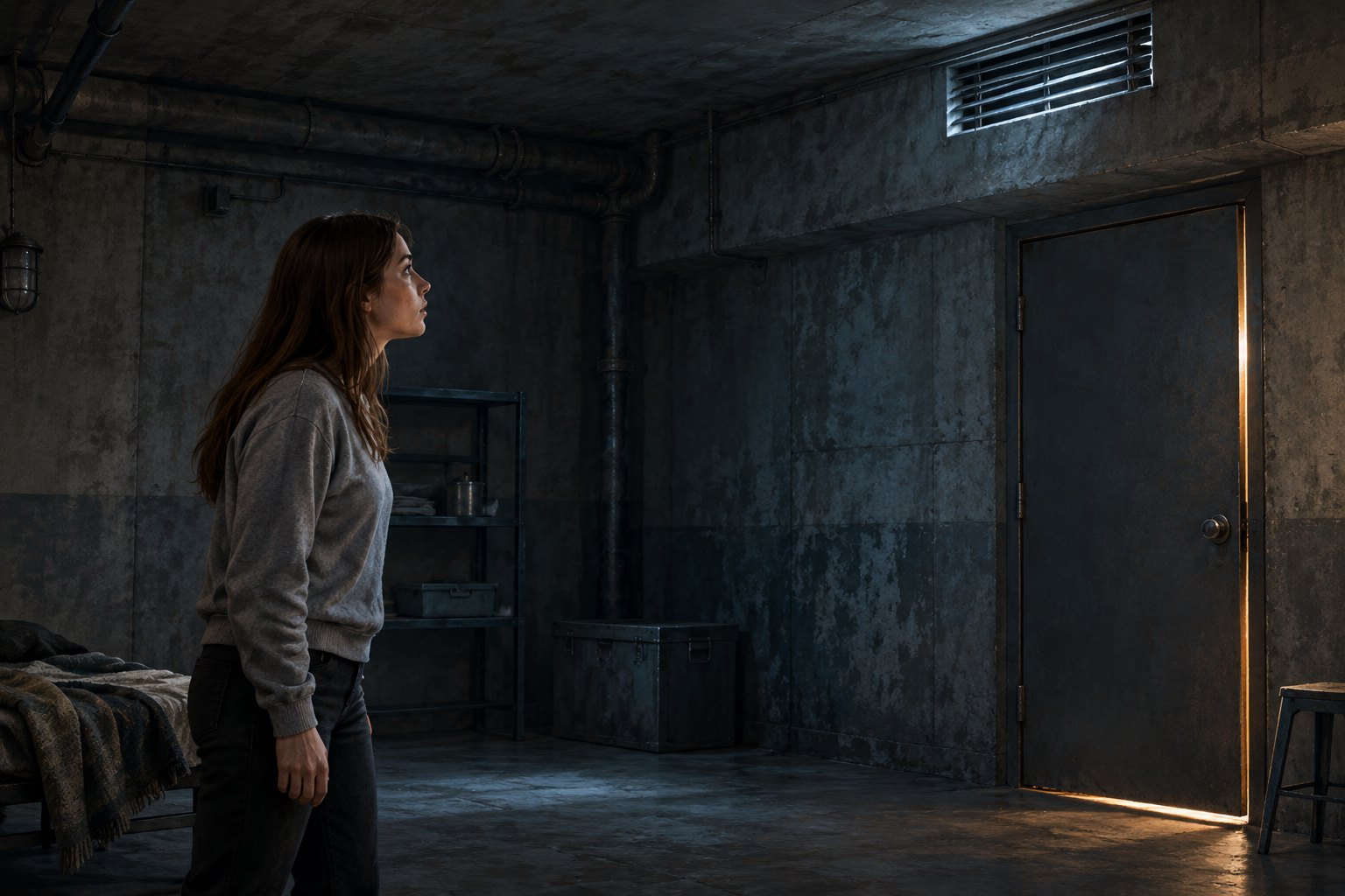 Original editorial illustration of a watchful young woman studying a ventilation grille inside a dim concrete room.