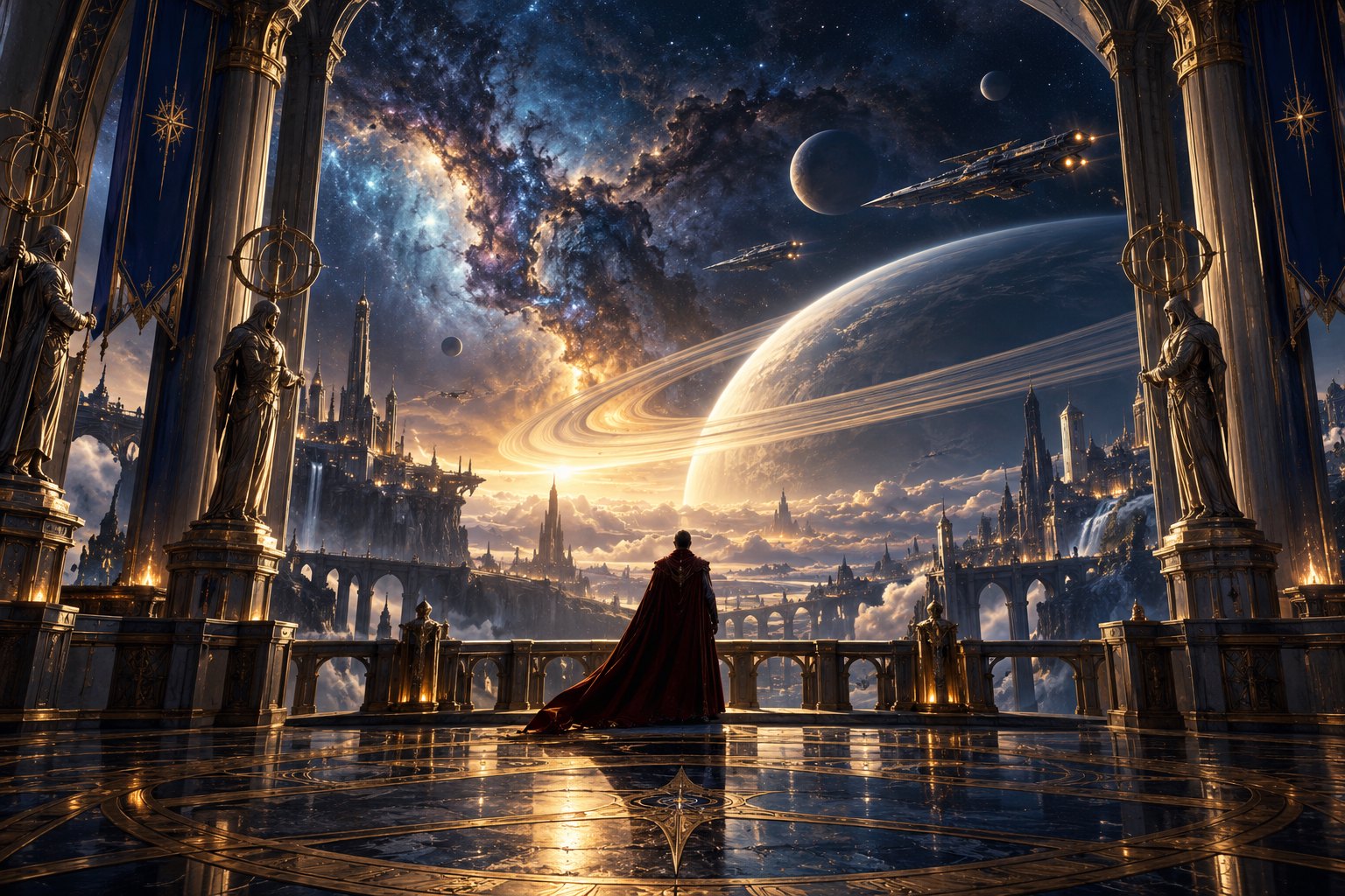 原创太空歌剧概念插画:披风旅人站在宏伟观景台上,凝望环形行星与远处星舰