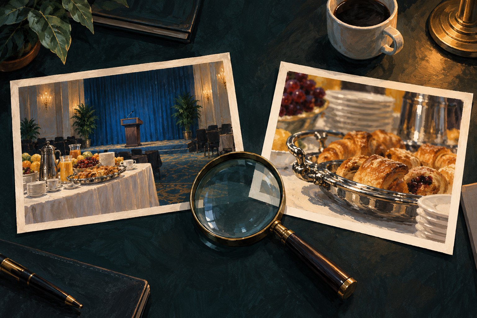 Conceptual illustration of two buffet photographs showing a wide view and a close-up beside a magnifying glass.